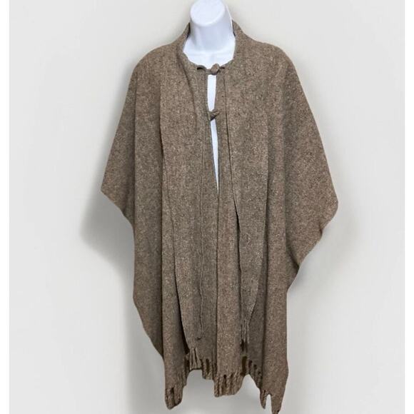Unbranded Jackets & Blazers - Vtg Beige Wool Blanket Poncho/Cape Fringe Attached Scarf OS Boho 60 70s Handmade